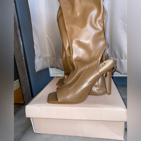 NWOT Olivia Ferguson Brown Open Toe Thigh High BootHeels | Women’s US Size 7 1/2 - Picture 15 of 16